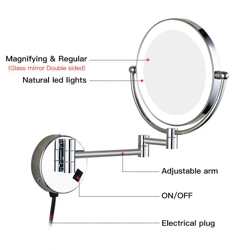 GURUN освещенное косметическое зеркало с увеличением 7X, настенное крепление для ванной комнаты, двустороннее удлиняемое увеличительное бритвенное зеркало, хромированное