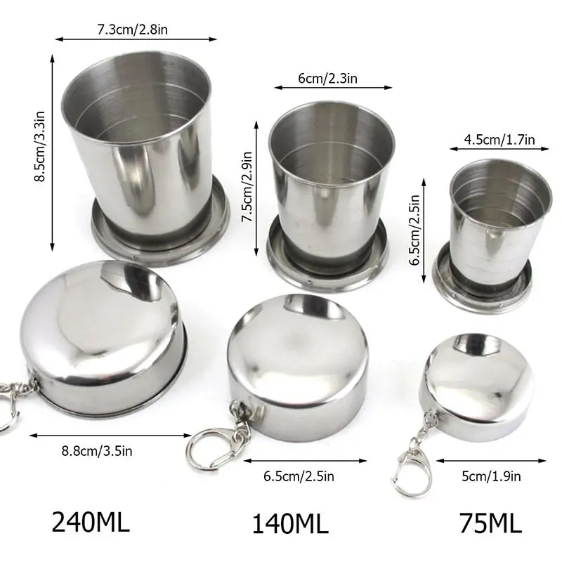 Мини из нержавеющей стали Портативный Открытый путешествия Кемпинг Складная разборная чашка Телескопическая Кружка с брелком 75 мл/140 мл/240 мл