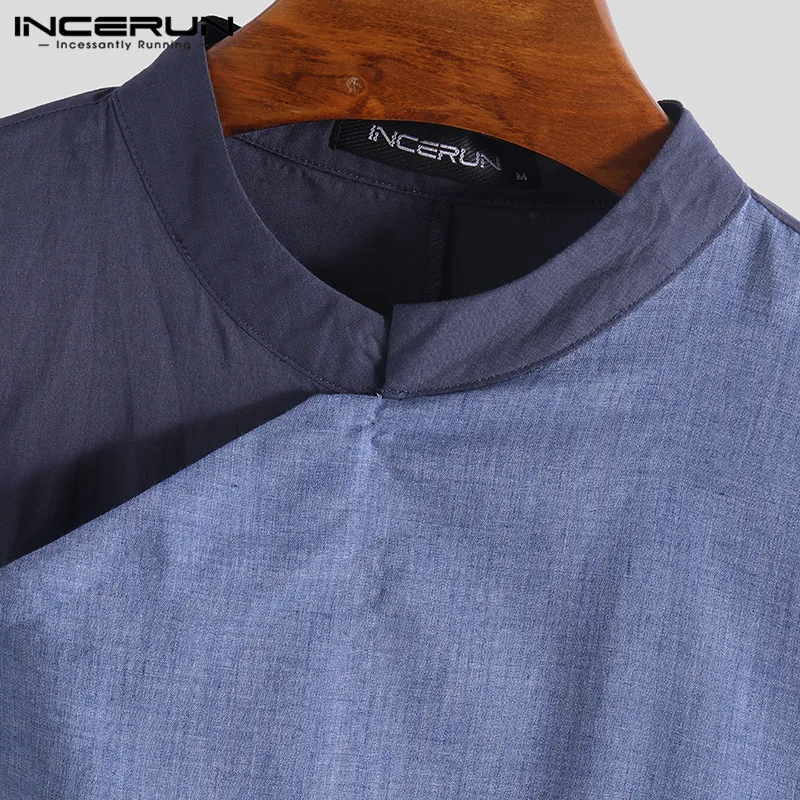 INCERUN Muslim Clothes Men Islamic Arab Kaftan Cotton Long Sleeve Patchwork Middle East Saudi Arabia Men Robes Jubba Thobe