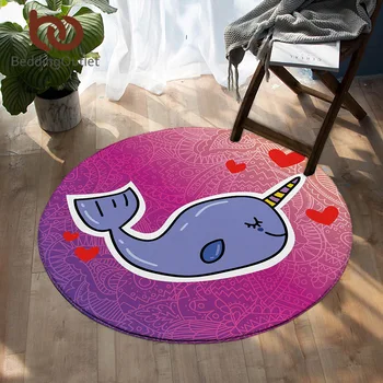 

BeddingOutlet Narwhal Round Carpet for Kids Bedroom Cartoon Area Rugs Purple Whale Non-slip Floor Mat Fish Floral Play Mat 150cm