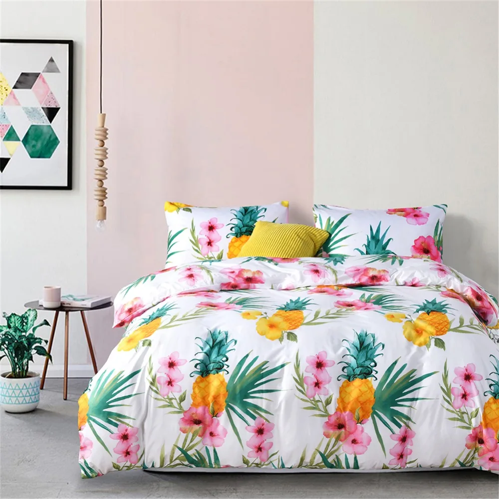 

3Pcs Bedding Set Twin/Queen/King Size Pineapple Floral Patterns Duvet Cover Pillowcase Unfading Stain Resistant Machine Washable