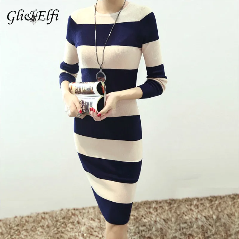 

Autumn Winter Korean Office Sweater Women Dress 2018 Elegant Lady Knitted Vestido Bodycon Long Sleeve Striped Midi Pencil Dress
