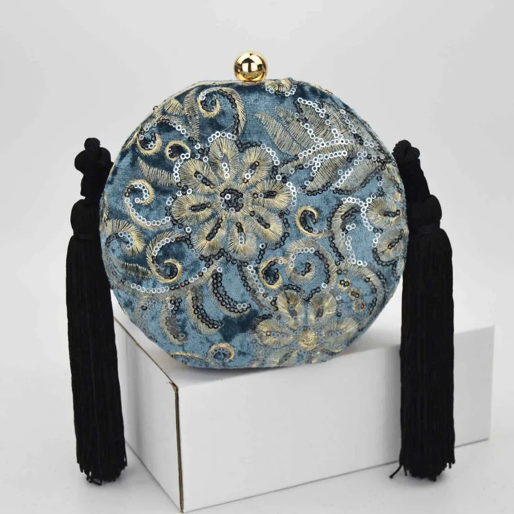 

Blue flannelette Clutch Bag Embroidery sequins Round Evening Bag Black tassels Handbag Braids Boutique purse Crossbody Bags 24