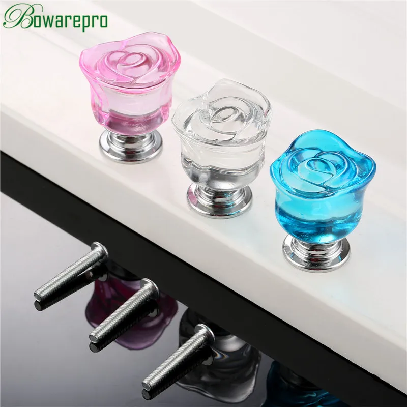 bowarepro 5PCS Crystal Rose Glass Clear Handle Cabinet Knob Drawer Pull Handle Kitchen Door Wardrobe Hardware Knobs Handles 30MM