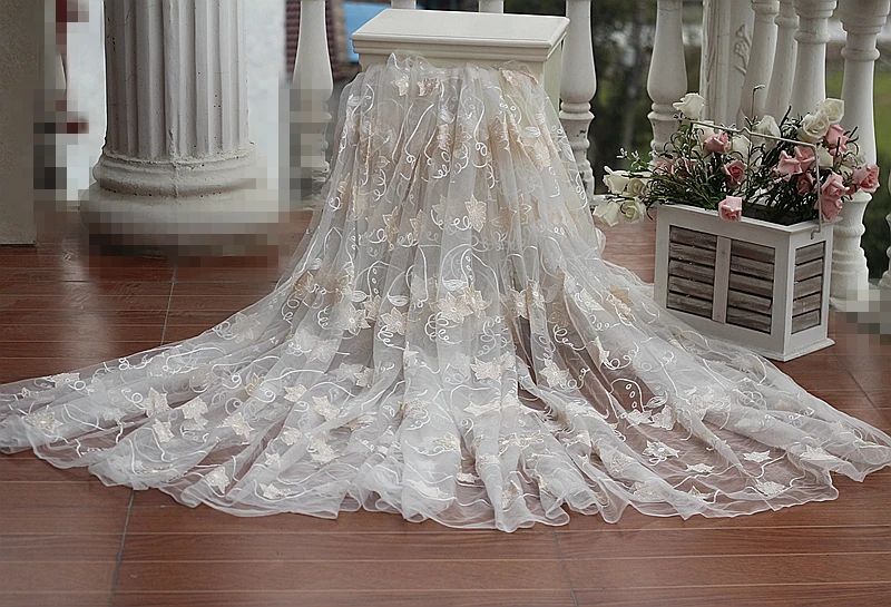 

Free shipping Lace Fabric, Vintage Ivory Gauze Fabric with gold lines , Stunning Bride Wedding