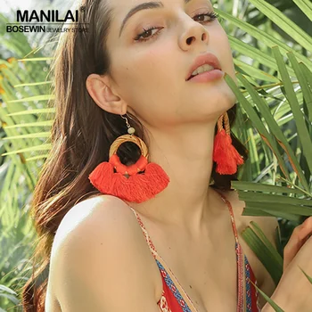 MANILAI Big Circular Straw Rattan Earrings With Wide Tassels Earrings Bohemian Jewelry Statement Drop Dangle Earring Ethnic Girl