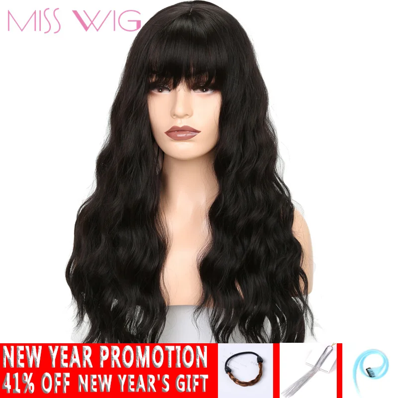 Harga Nona Wig Wig Berombak Panjang untuk Wanita Hitam Afrika Amerika Rambut Sintetis Coklat Abu abu Wig dengan Poni Tahan Panas Wig