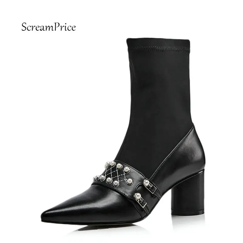 

Female Genuine Leather Square Heel Ankle Boots Fashion String Bead Pointed Toe Fall Winter Stretch Bootie Black