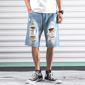 

Mens Hole Blue Short Jeans Loose Clothing Summer Cotton Shorts Breathable Tearing Denim Shorts Male Size 5XL