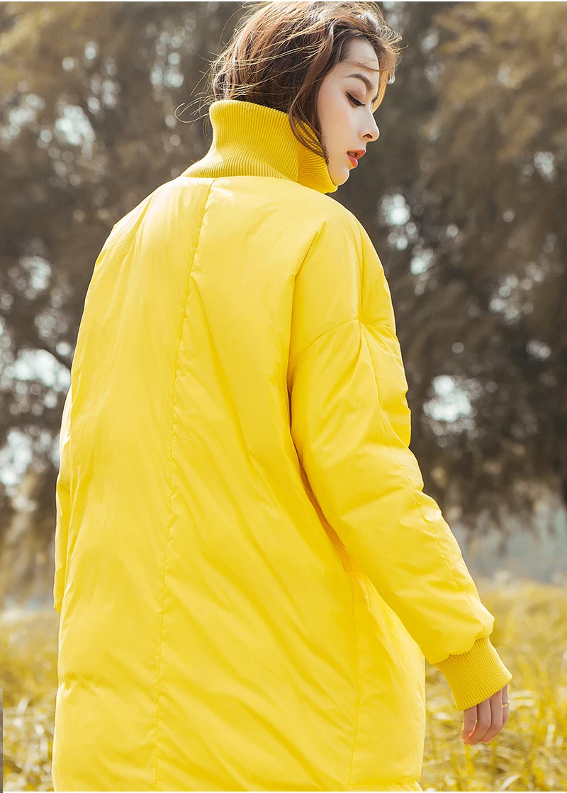 YNZZU Winter Yellow Women's Down Jacket Casual Long Duck Down Coat Women Stand Collar Warm Fluffy Female Jacket YO721