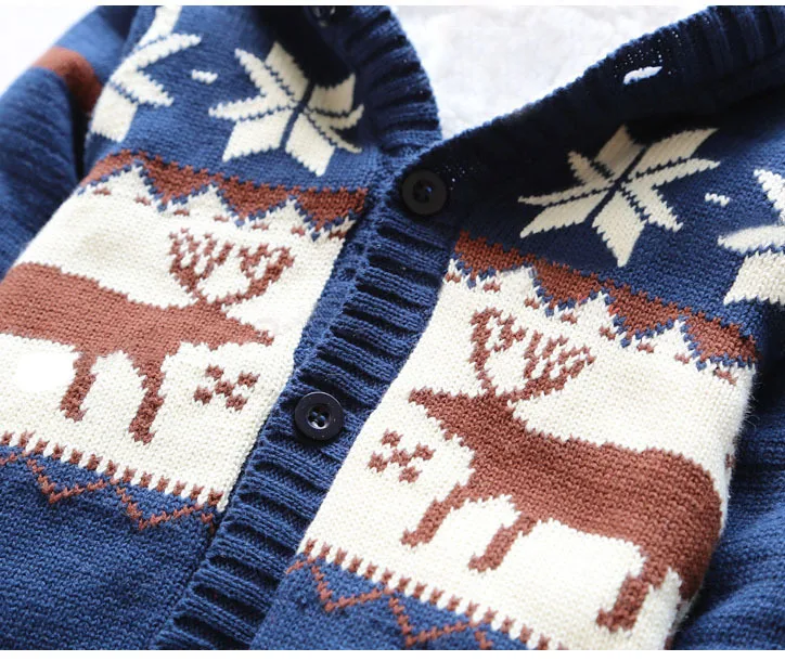Теплый комбинезон для новорожденных маленьких мальчиков и девочек теплые зимние ползунки вязанный свитер для младенцев верхняя одежда с капюшоном с рождественским оленем