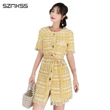 Дамы темперамент высокое качество платье небольшой аромат ветер кисточкой пояс твидовое Тканое платье с круглым вырезом