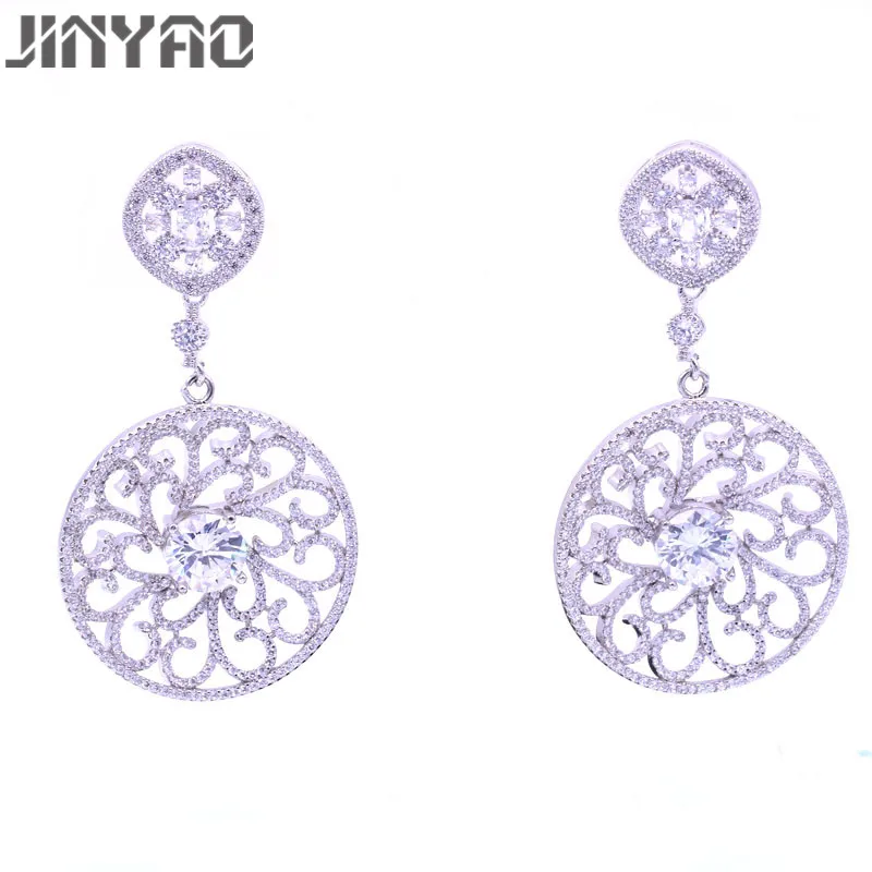 

JINYAO Luxury Round Shining Zircon White Gold-color Earrings Bridal Long Earrings for Women Wedding Accessories Jewelry brincos