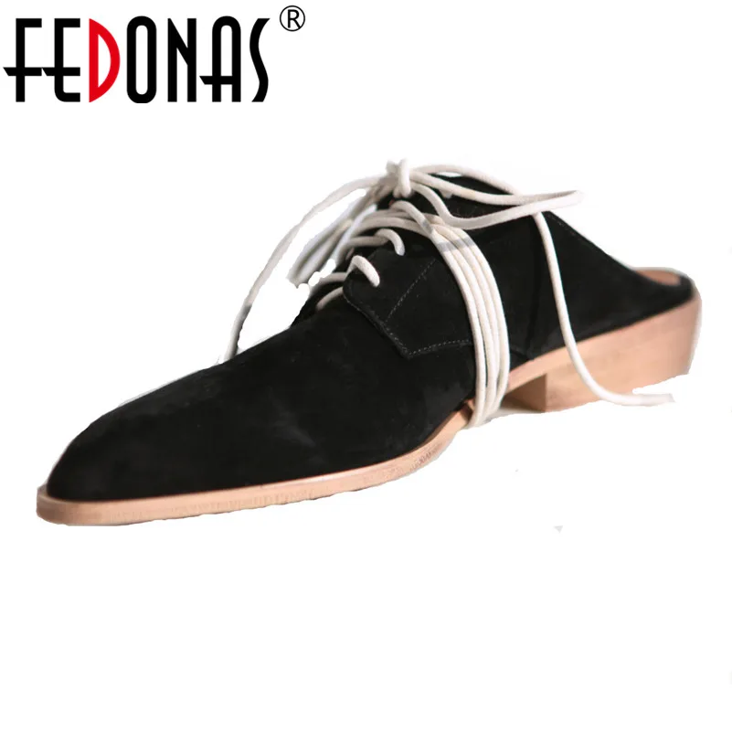 

FEDONAS 2018 Women Pumps Low Heels Black Leather Autumn Ladies Lace Up Retro British Style Casual Shoes Woman Slippers
