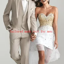 Новые поступления на заказ, две кнопки, бежевый смокинг для жениха с отворотом, мужские деловые Свадебные костюмы(пиджак+ брюки+ жилет+ галстук