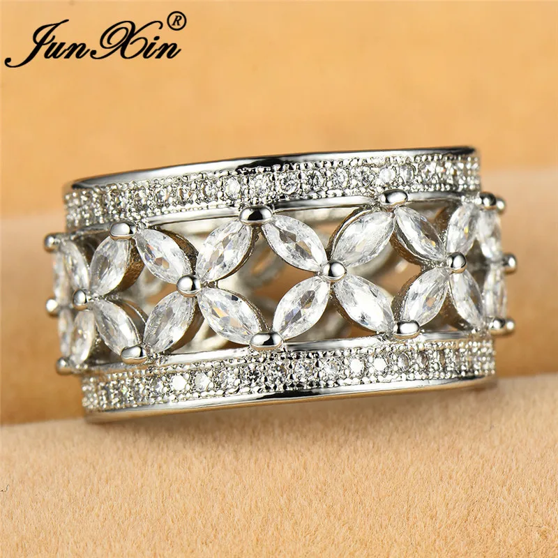 JUNXIN OL Female Crystal Butterfly Flower Big Rings For Women 925 Silver Filled White Zircon Horse Eye Stone Engagement Ring CZ