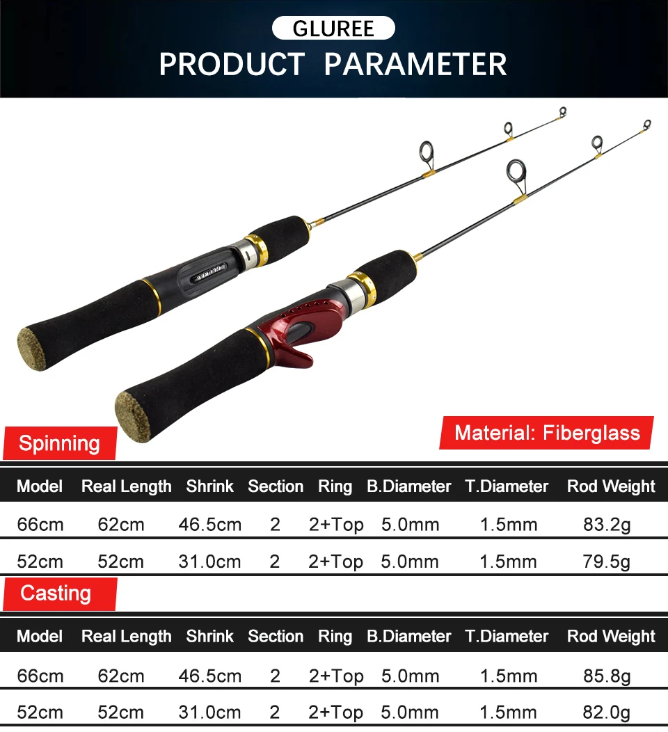 GLUREE FRP зимняя ледяная удочка, 2 секции, литье/спиннинг, удочка, сверхлегкая, сшивающая, рыболовные принадлежности, 52 см, 66 см