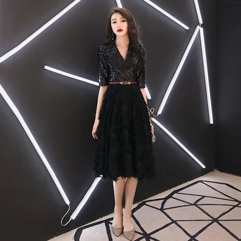 

Black V-Neck Chinese Sequins Oriental Party Wedding Female Cheongsam Bridesmaid Evening Dress Elegant Celebrity Banquet Dresses