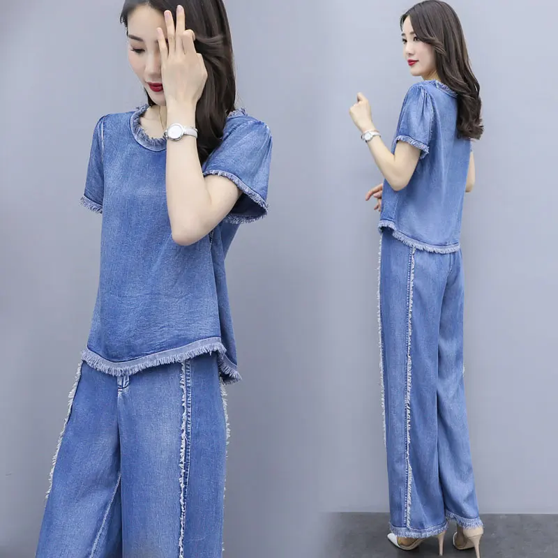 

Blue Denim Fashion Suit Female 2019 Summer New Temperament 2 Piece Set Top and Pant Cowboy Casual Outfits Plus Size
