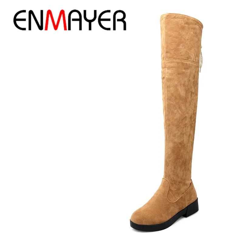

ENMAYER Winter Long Boots Shoes Woman High Heels Round Toe Lace Charms Large Size 34-43 Over-the-knee Boots Platform White Shoes