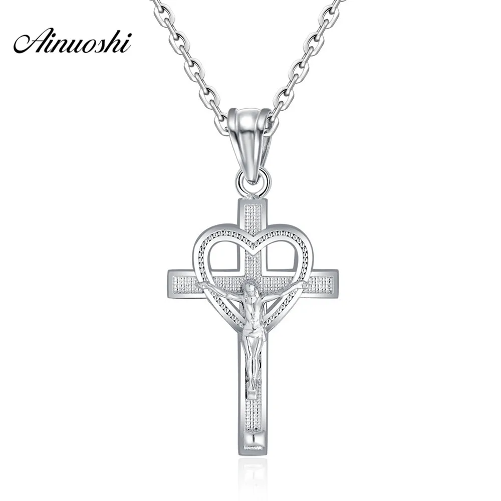 

AINOUSHI New 925 Solid Sterling Silver White Pendant for Necklace Vintage Women Men Jesus Heart Shape Cross Hiphop Pendant
