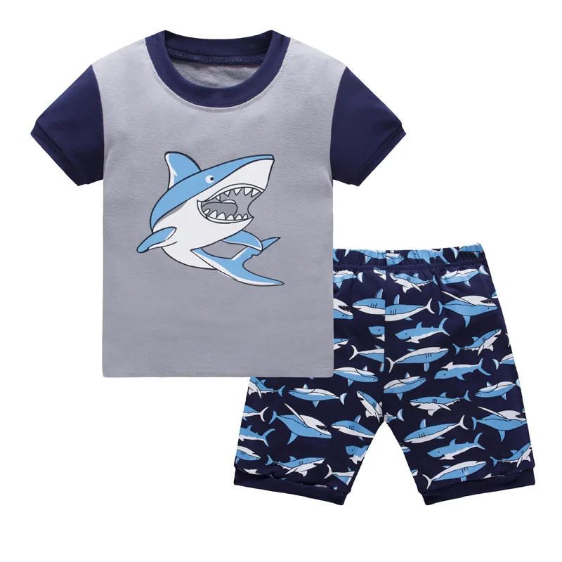 Летний пижамный комплект из хлопка для маленьких детей; детская одежда для сна с короткими рукавами; пижамы для мальчиков с рисунком акулы; домашний костюм для девочек