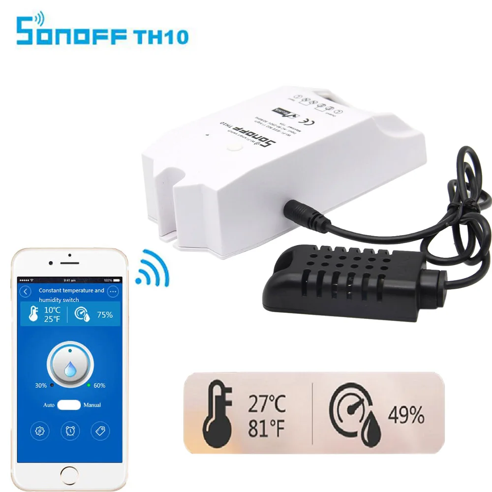 

ITEAD Sonoff TH10 WiFi Wireless Smart Home automation Smart Switch Controller And Waterproof Humidity Monitoring via phone