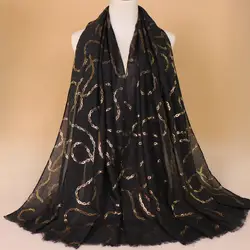 Для женщин блеск Цепи Шарфы гладильная мерцание шарф Хлопок Глушитель мусульманские палантины платки хиджаб шарф 7 цветов 185*90 см 10 шт./лот