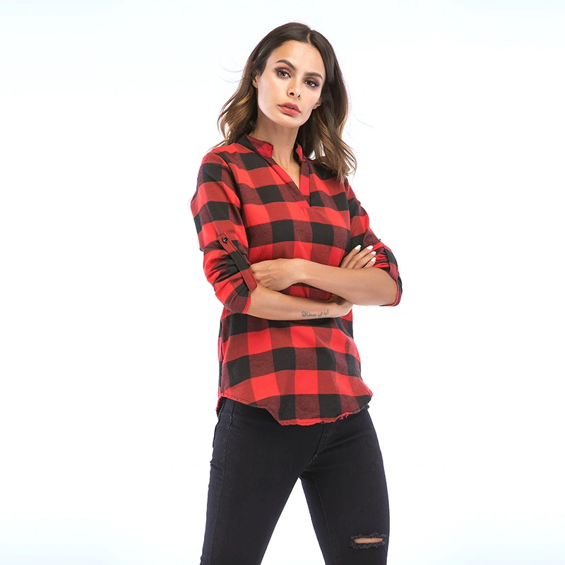 Camisas a cuadros de marca para otoño 2018, nueva blusa de cuello en V de manga larga, Camisa de Vintage para mujer, Tops casuales femeninos de talla grande 6XL|Blusas y