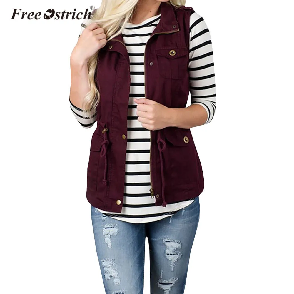 Free Ostrich Vest Women Casual Cardigan Solid Zipper Button Sleeveless Turn-down Collar Breasted Woman Coat L0140