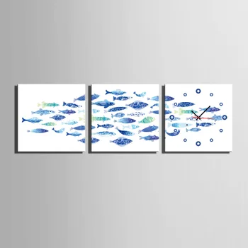 

Free Shipping MINI SIZE E-HOME Many Blue Fish Clock in Canvas 3pcs Wall Clock