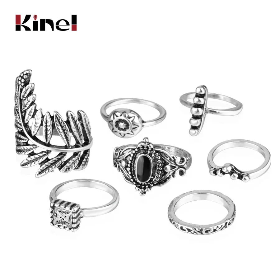 Kinel Luxury Black Enamel Knuckle Rings For Women 7pcs/Ste Retro Midi