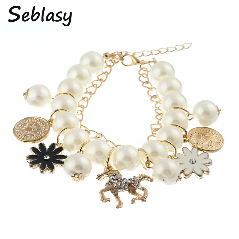 

Seblasy Bohemian Big Crystal Flowers Coins Horse Simulated Pearl Bracelets & Bangles for Women Wristbands Gifts