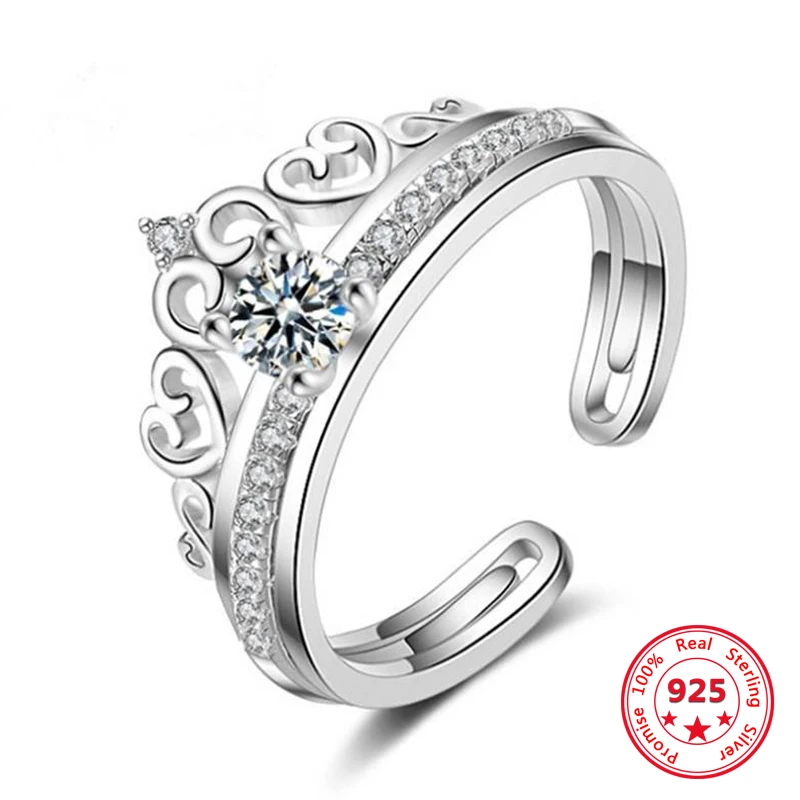 

S925 Sterling Silver Crown Double-layer Combination Ring Female Inlaid Zircon Opening Adjustable Ring Two-piece Set