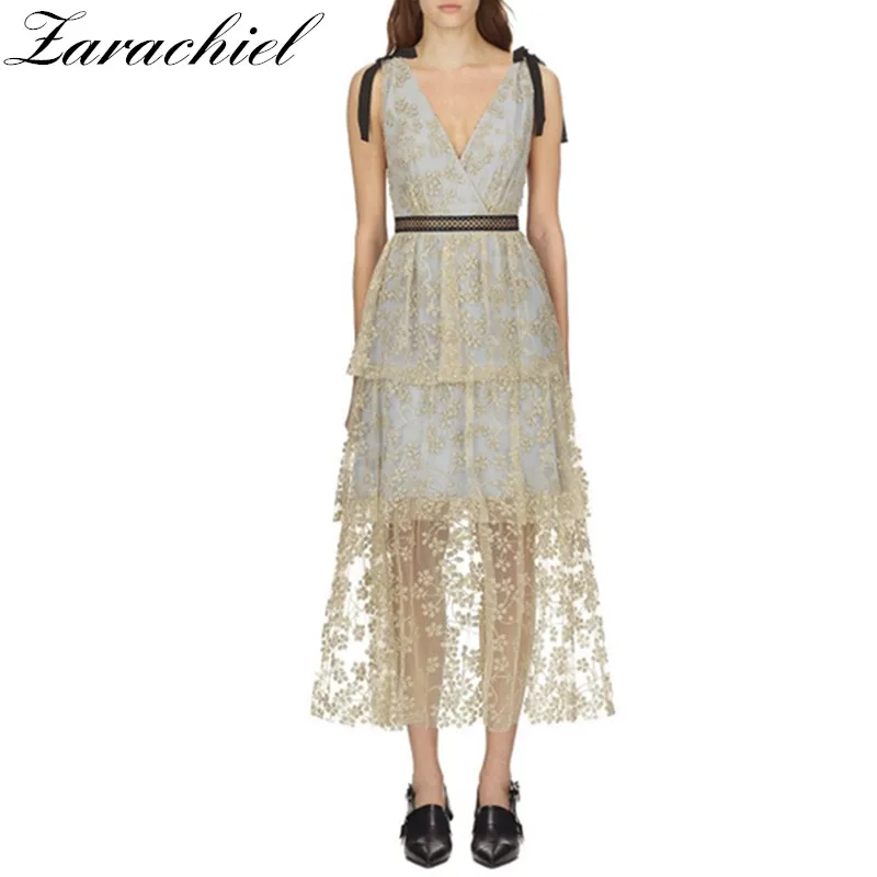 

Self-Portrait Summer Sleeveless V Neck Bow Dress 2019 Women Vintage Sequined Flower Embroidery Dress Casual Lace Mesh Long Dress