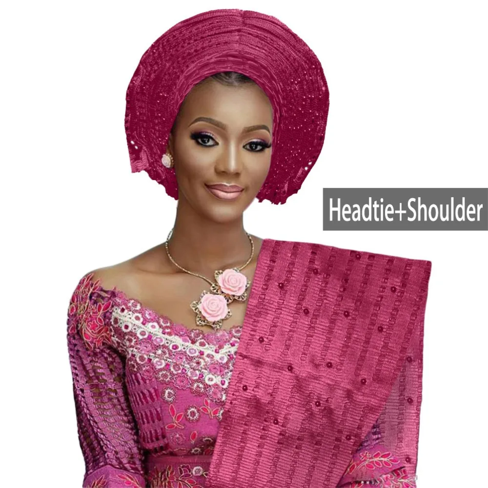 

Various colors African auto gele headtie for women aso oke headwear beaded African gele with shoulder nice quality B314
