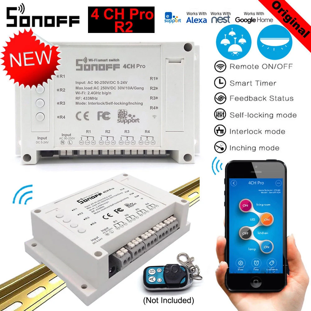 

Sonoff 4CH Pro R2 Smart Home Wifi Switch , 4 Gang Inching Self-Locking Interlock Control , Smart Switch App Remote Switch