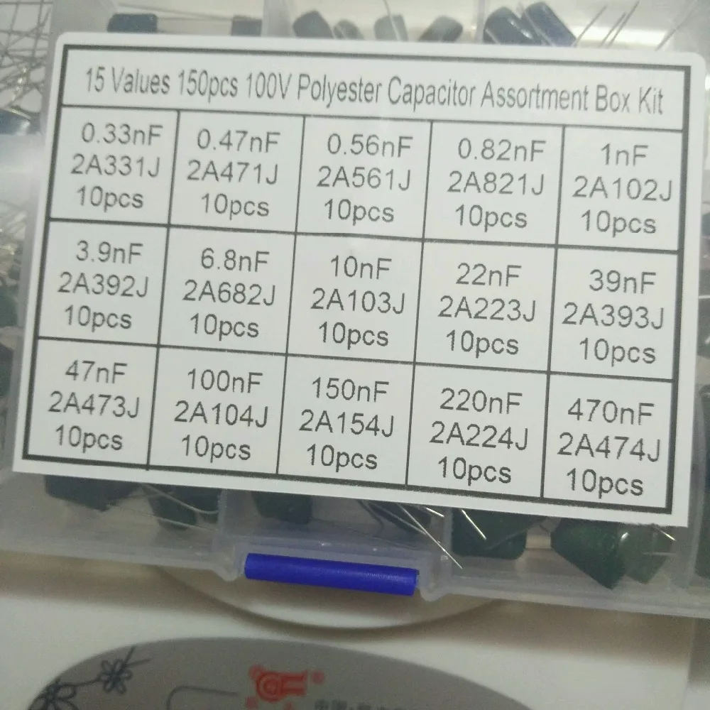 15 Values 150pcs 100V 2A331J~2A474J 330pF~470nF Mylar Film Capacitor Assorted Box | Автомобили и мотоциклы