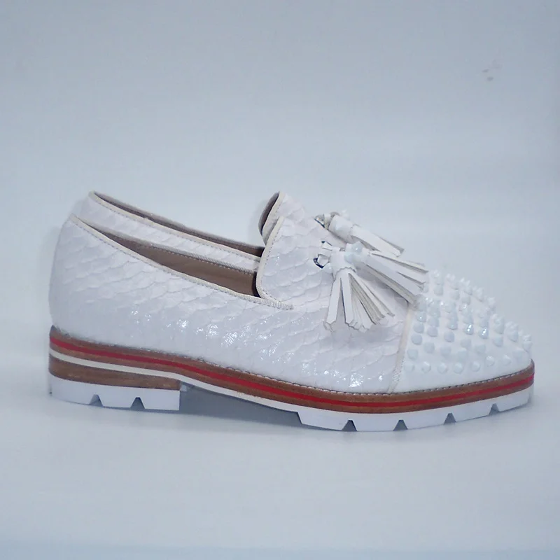 LOUBUTEN White Snakeskin Pattern Genuine Leather Tassel Loafers Slip On Men Dress Shoes Luxury Rivets Casual Shoes