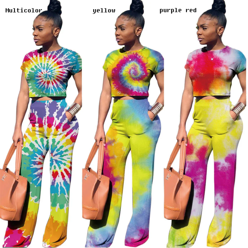 

Women Suit 2019 Europe and America Round Neck Short Sleeves Painted Femme Suit FemininoTwo-piece