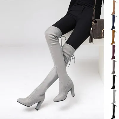 

Europe and the United States elastic over the knee boots female long tube stovepipe boots high heel suede leather women's boots.