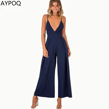 

AYPOQ Women's Deep V Neck Adjustable Spaghetti Straps Backless Jumpsuit Wide Leg Pants Rompers Jumper Holiday Leotard Overalls
