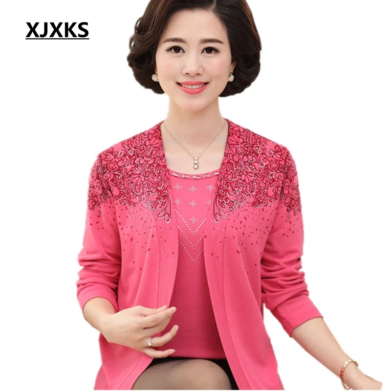 

XJXKS New 2017 Spring and Autumn casual sweater mother clothes True two-piece women sweaters Chinese style bottoming cardigan
