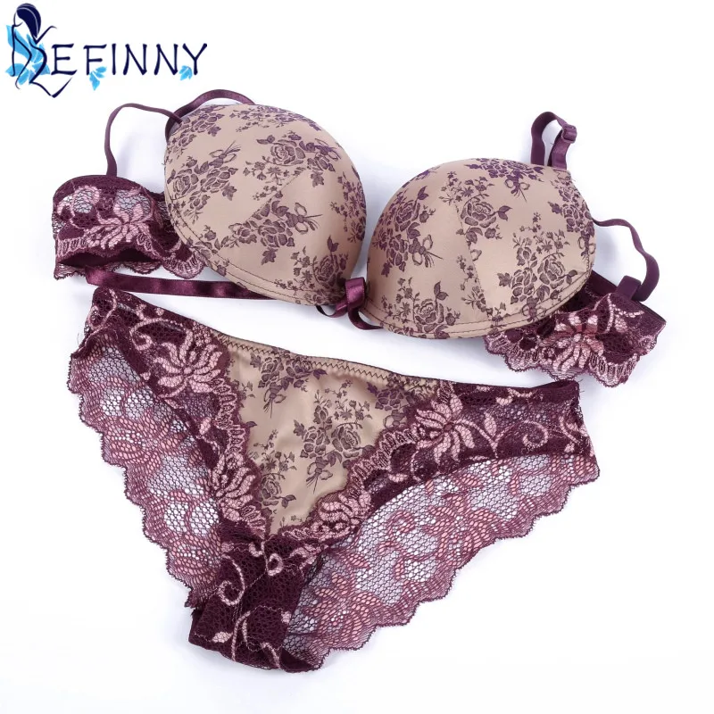 2018 Hot Sale Women Sexy Embroidery Lace Briefs Push Up Bra Set Elegant Purple Underwire B C Cup Lingerie Girl Bandage Underwear