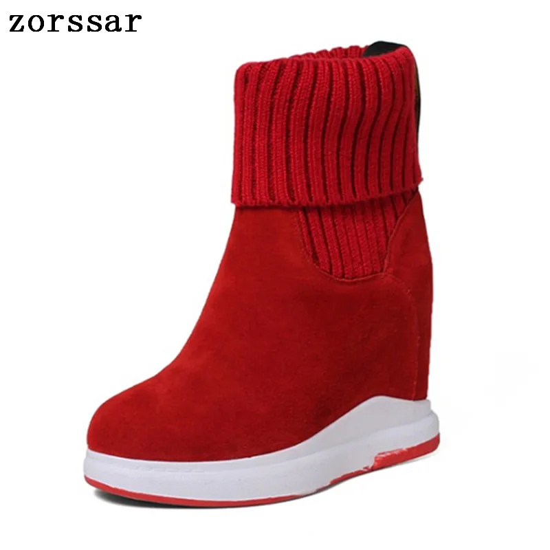 

{Zorssar} 2018 winter womens snow boots suede Leather height increasing boots women high heel ankle boots Platform wedges shoes