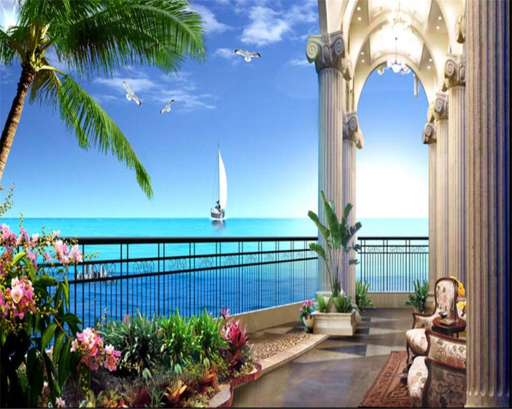Beibehang Large 3d Wallpaper Hd Seaview Room Sea Coconut Tree Balcony Picture In Picture Wall Paper Home Decor Papel De Parede Aliexpress