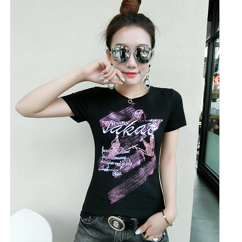 

GGRIGHT Summer Korea Style Embroidery T shirt Women Clothes O-Neck Short Sleeve Vintage TShirt Tops Casual Black Tee Shirt Femme