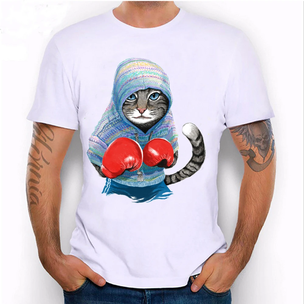 

Unique super funny cat and sloth the cahmpion boxer T-shirt men's short sleeve harajuku design tops summer hipster cool tees