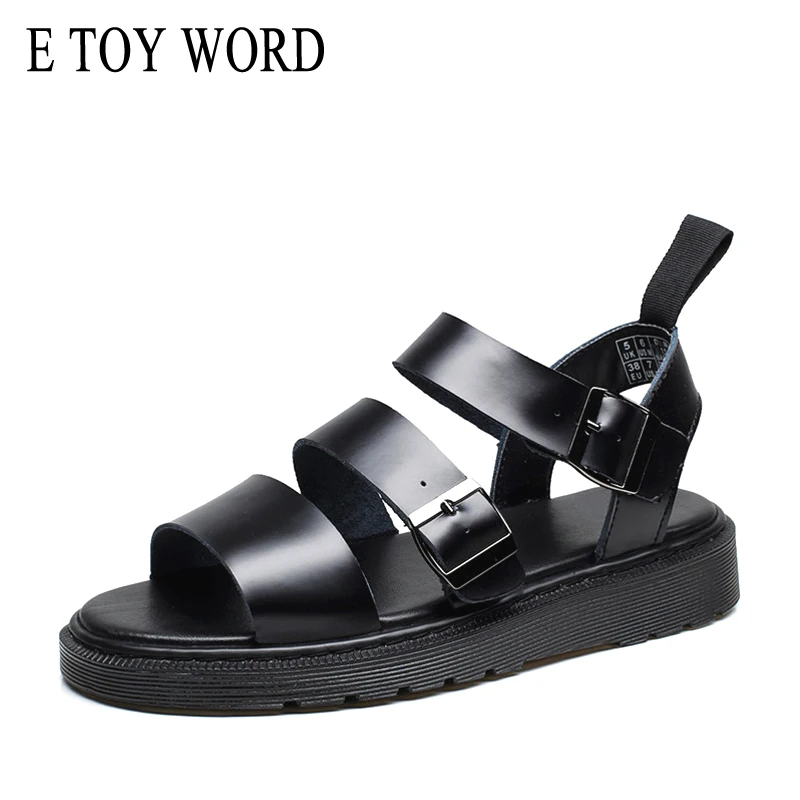 E TOY WORD Summer womens Sandals Buckle Open Toe Beach Sandals Genuine Leather platform Sandals 