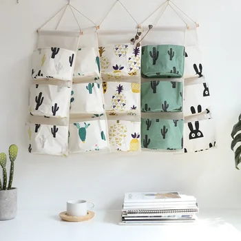 

1pc Nordic Style 3 Pockets Cotton Linen Portable Cosmetic Toys Organizer Wall bags Wall Mounted Storage Bag Closet Bags